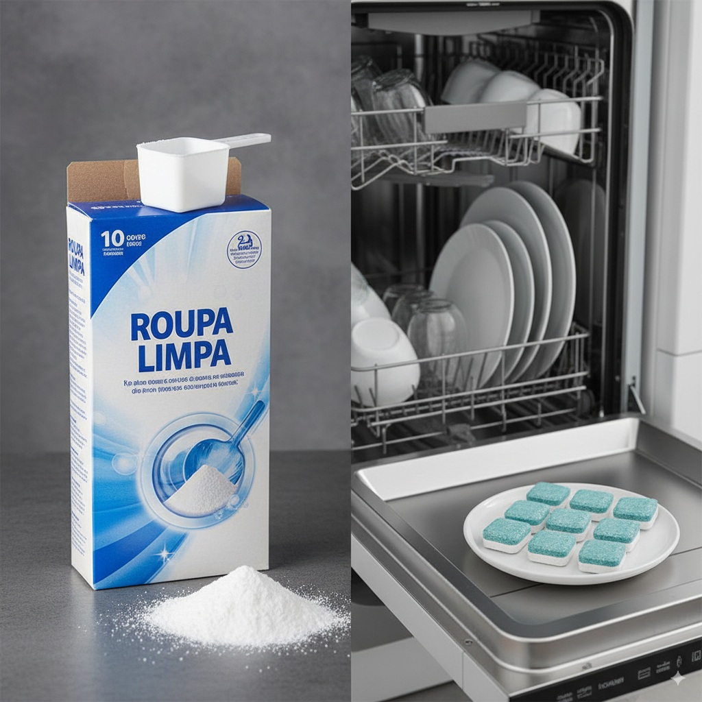 Imagem comparando uma caixa de detergente em pó e uma embalagem de tabletes para lava-louças lado a lado.